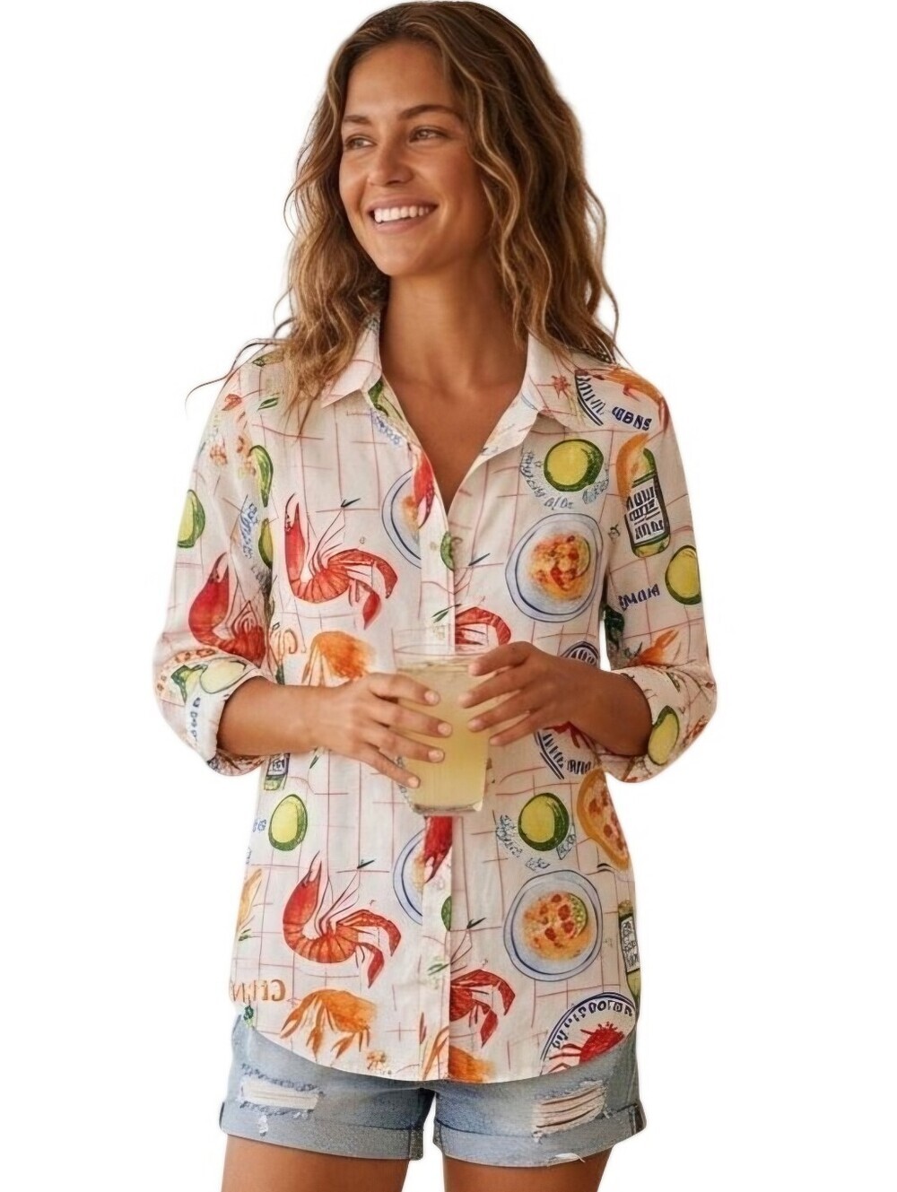 Calypso St. Barth NWT Cajun Novelty Print Button Down Linen Blend Blouse Size S